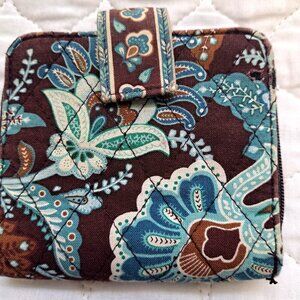 Vera Bradley Wallet Compact Zip Around Floral Quilted Brown Blue